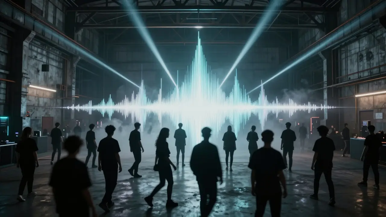 Dark underground warehouse club with silhouetted dancers moving to techno beats under pulsing neon lights.