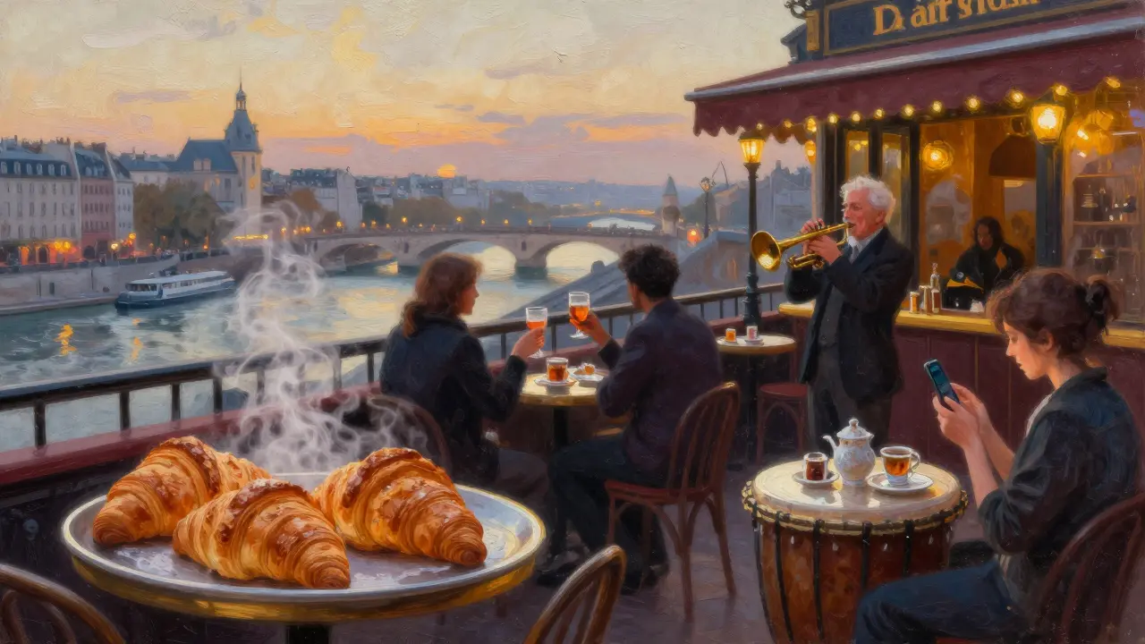 Dawn in Paris: bistro, rooftop bar, jazz cellar, and Moroccan café all alive in one scene.