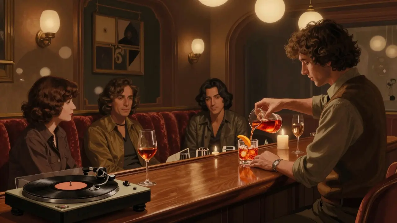 Dimly lit Bar Basso in Brera, bartender pouring a classic Negroni with warm amber lighting and velvet booths.