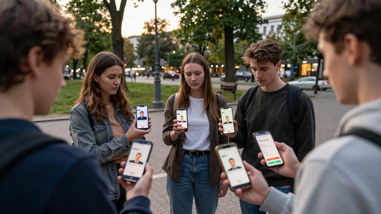 Diverse individuals browsing verified escort profiles on their phones in a peaceful Berlin park at sunset.
