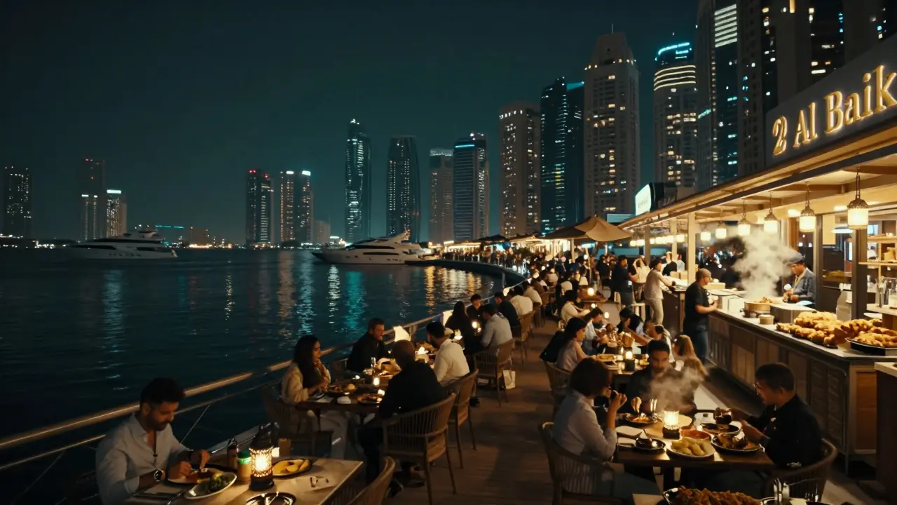 Dubai Marina waterfront at midnight with glowing restaurants, yachts, and a 24-hour chicken outlet.