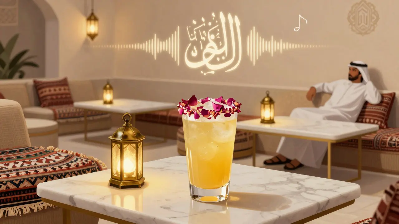 Elegant Emirati-inspired lounge with brass lanterns and rose-petal-rimmed cocktail in soft golden light.