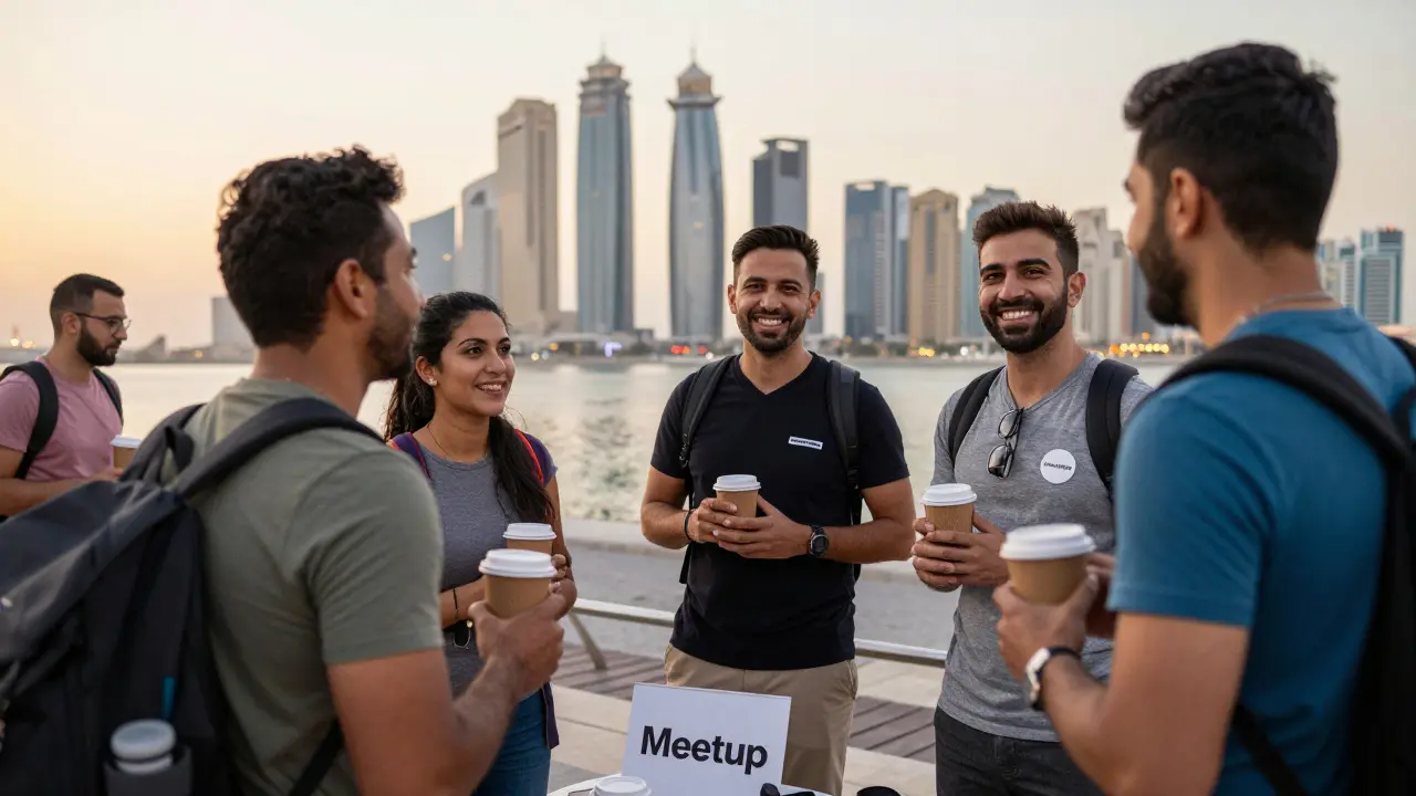Expats socialize at a sunset meetup in Abu Dhabi, laughing and holding coffee cups against a modern skyline.
