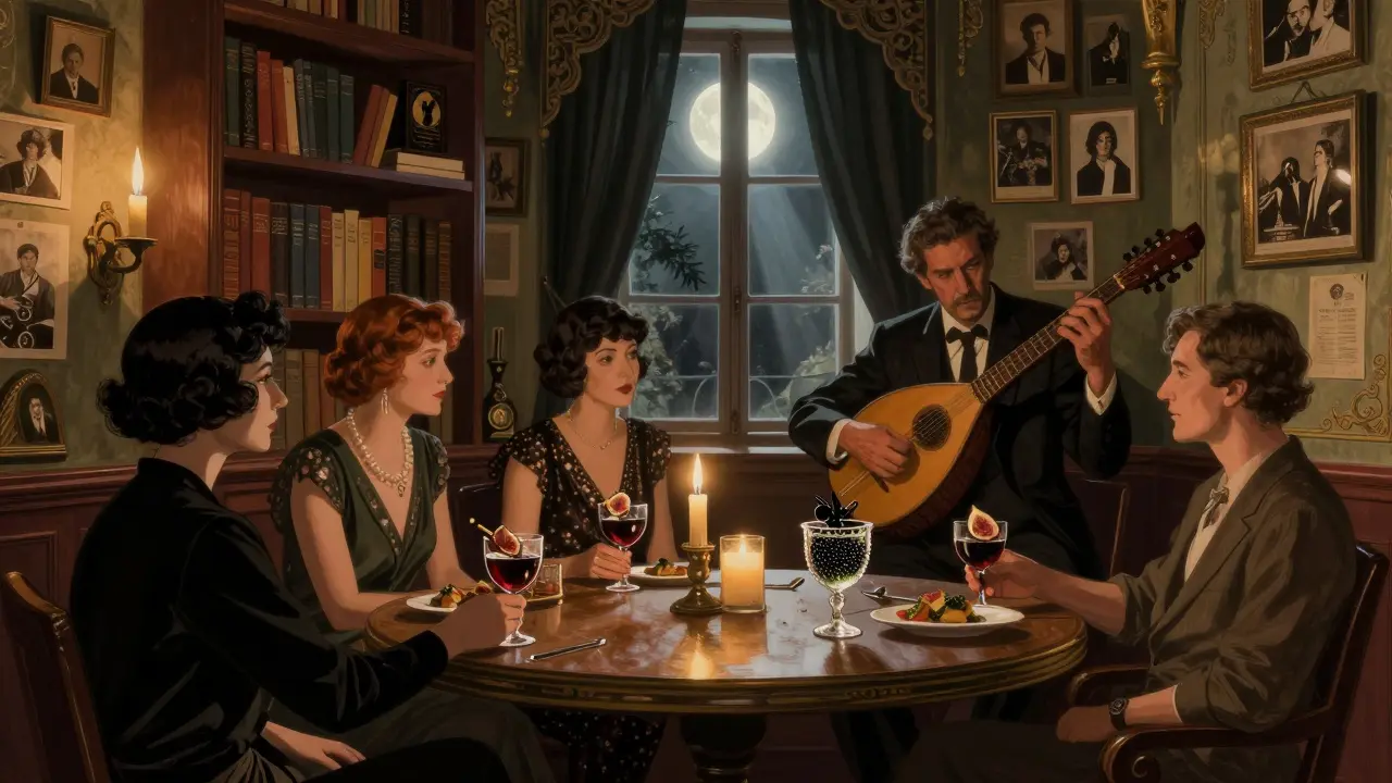 Hidden speakeasy Bar 1923 with patrons drinking fig liqueur under warm candlelight and vintage decor.