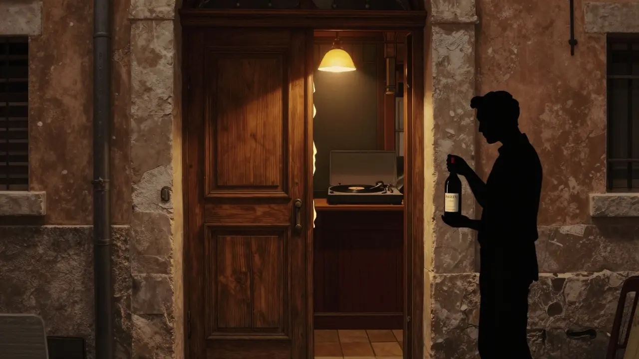 Hidden speakeasy door in a narrow alley, warm light glowing from within, no signage.