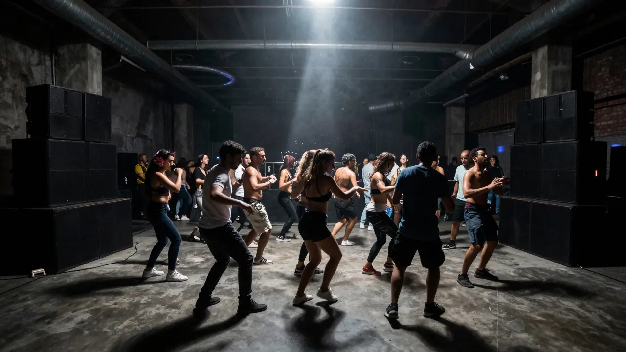 Industrial warehouse club with crowd lost in music under harsh industrial lights.