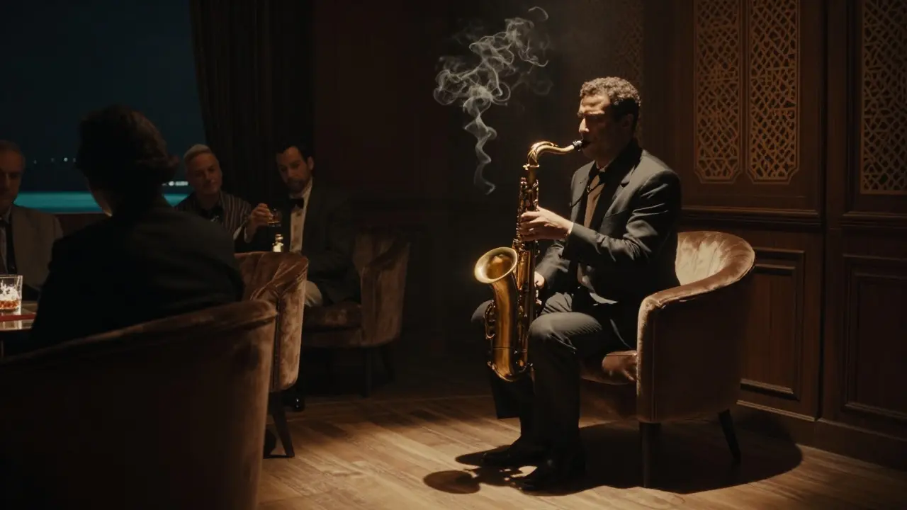 Intimate jazz club at midnight with saxophonist in spotlight, patrons in velvet chairs, warm low lighting and quiet atmosphere.