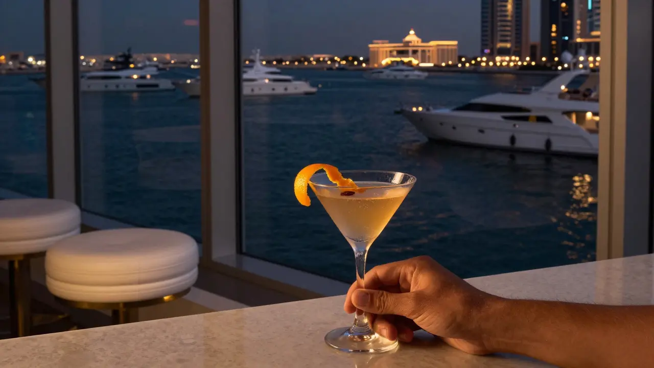 Minimalist marina bar with lit yachts outside and a smoky cocktail glowing under amber lighting.
