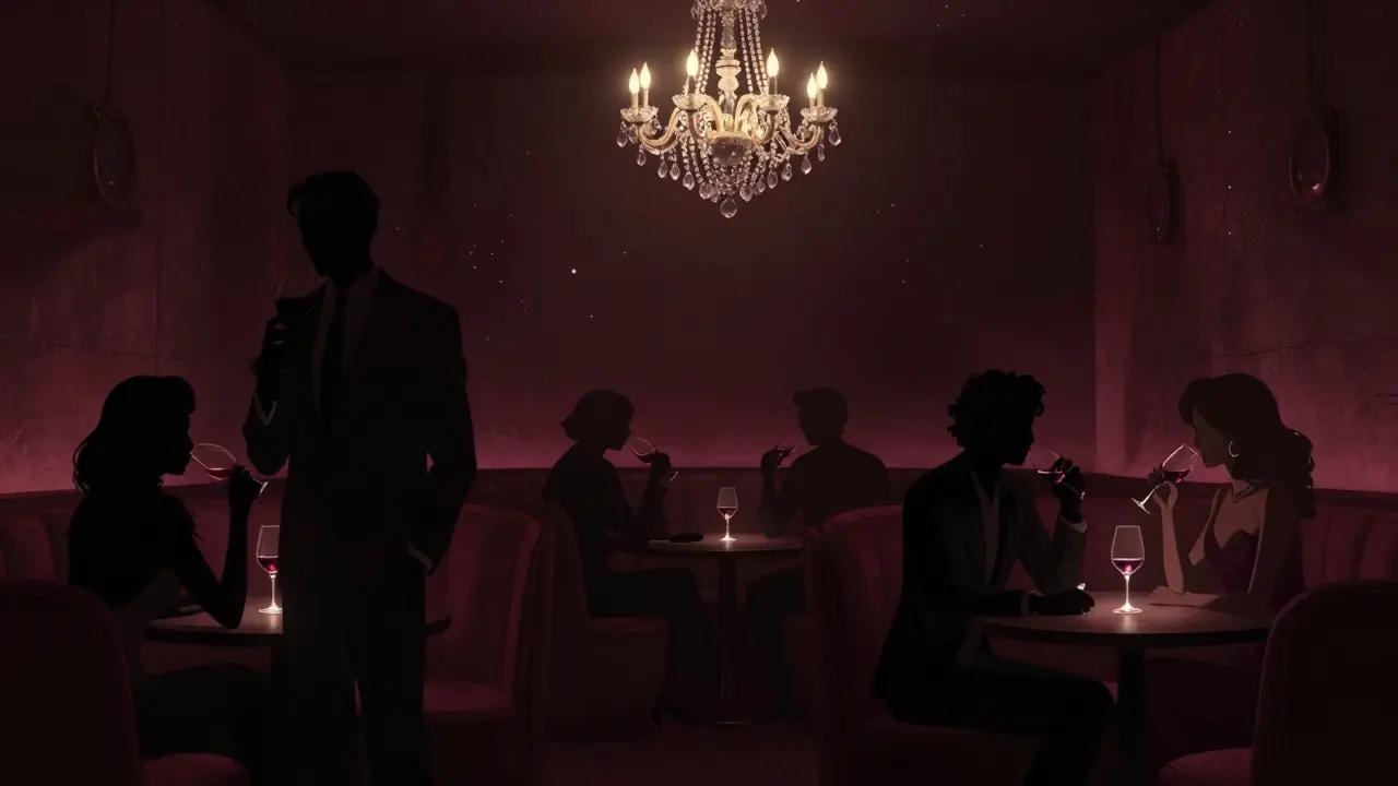 Moody interior of Le Palace nightclub with shadowy figures in luxury attire under starfield ceiling projections.