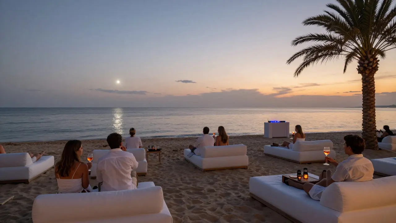 Serene beach lounge at twilight with white daybeds and rosé drinks under a rising moon.