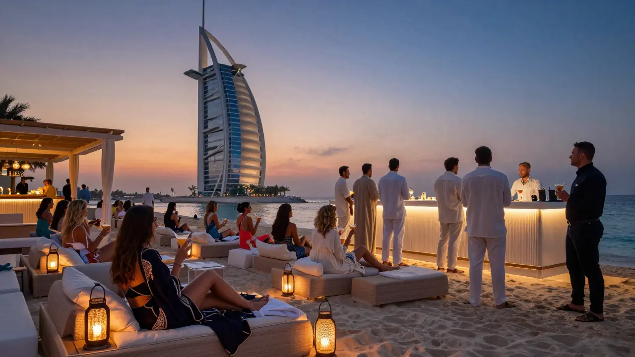 Sophisticated beach club scene at dusk in Palm Jumeirah, guests in kaftans and linen attire enjoying cocktails.