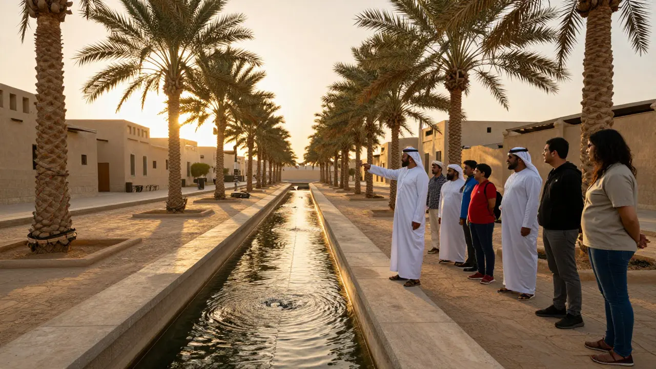 Sunrise over Al Ain Oasis with palm trees and ancient irrigation channels, tourists observing quietly.