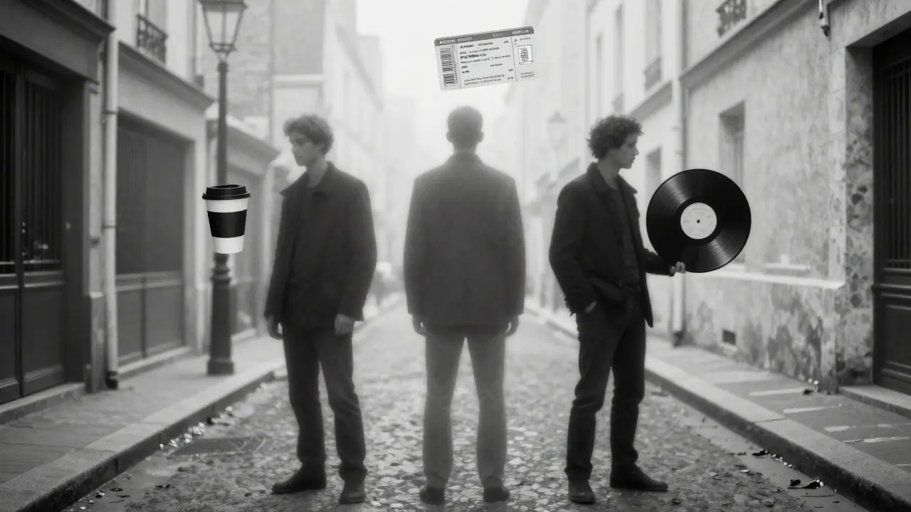 Three abstract figures in a misty Paris alley, symbolizing companionship, navigation, and emotional support.