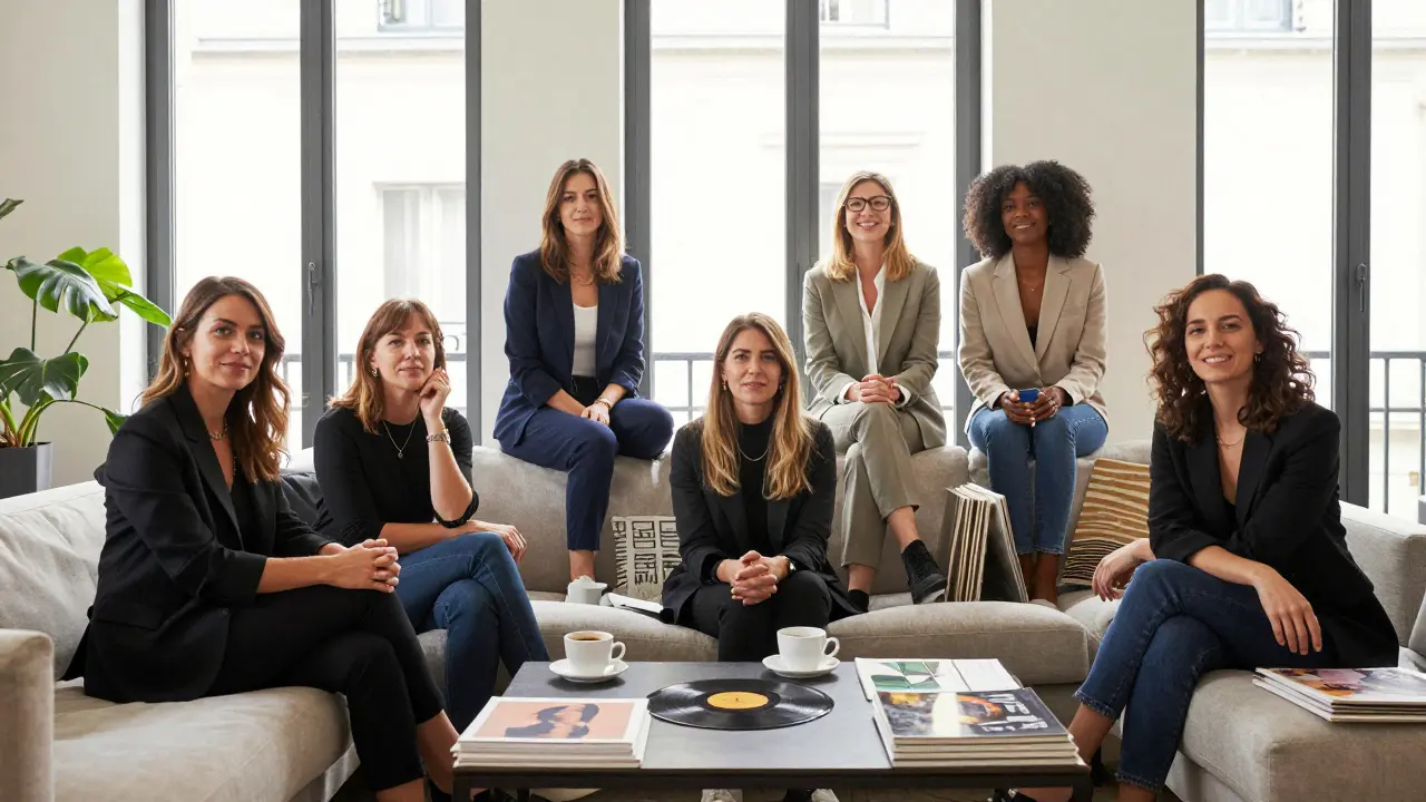 Three intelligent, professional women relax in a sunlit Paris apartment, surrounded by art and books.