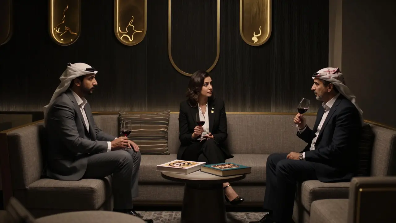 Three sophisticated individuals conversing discreetly in an exclusive lounge, no digital devices visible.