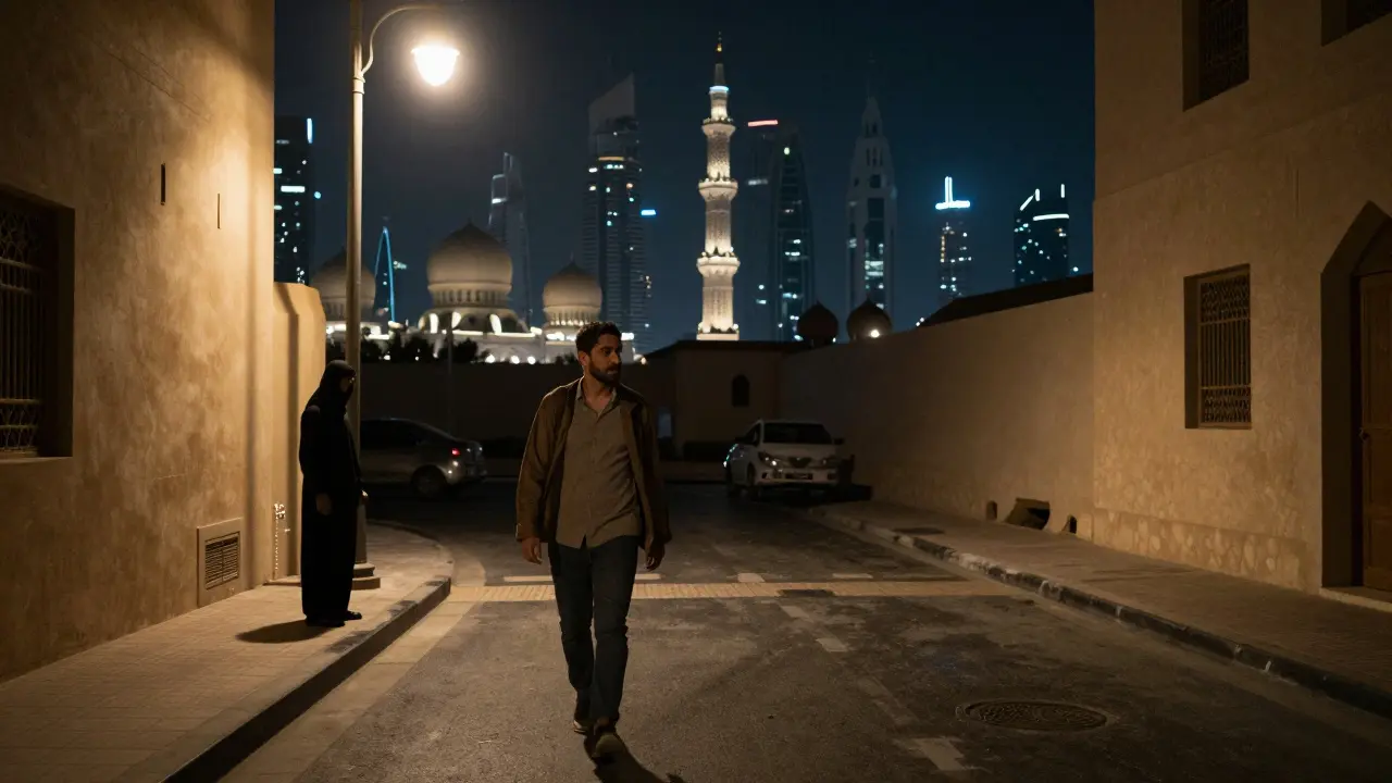 Tourist nervous in dark alley at night, shadowy figure under flickering lamp, Abu Dhabi skyline behind.