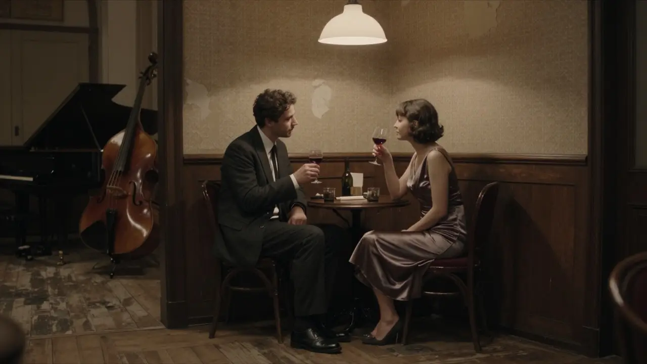 Two people sharing wine in a quiet corner of an old Berlin dance hall with jazz playing softly.