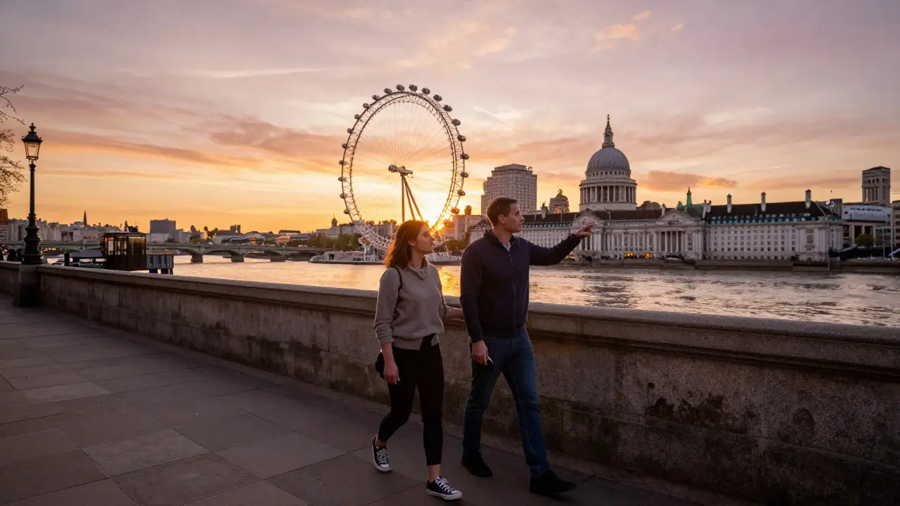 Two people walking along the Thames at sunset, pointing toward a hidden rooftop garden in the distance.