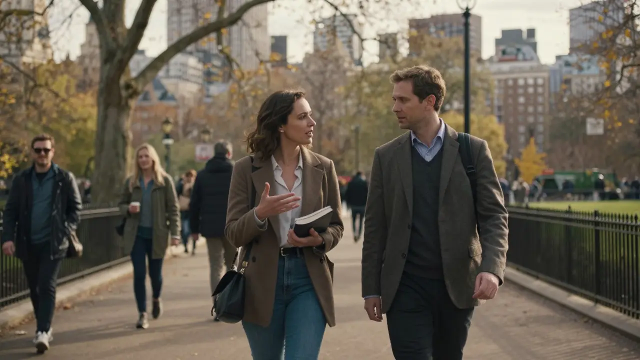 Two people walking in Hyde Park, engaged in quiet conversation, one holding a book, under autumn trees.