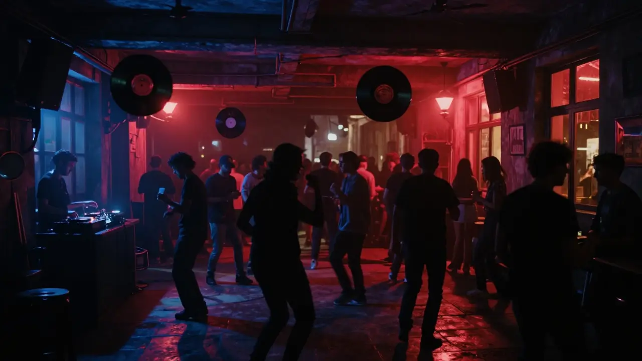 Underground music venue with silhouetted dancers under red light, glowing vinyl records in air.