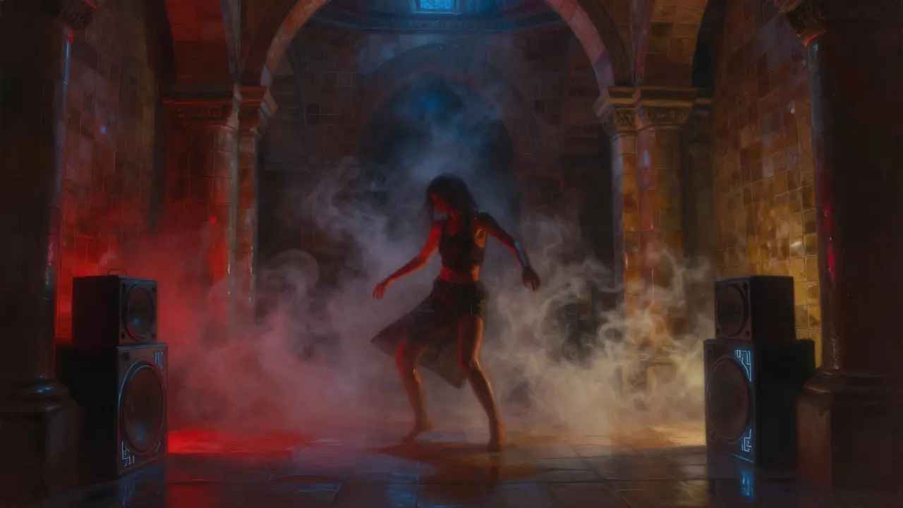 Underground techno club in a historic bathhouse with fog, red lighting, and dancers lost in rhythm.