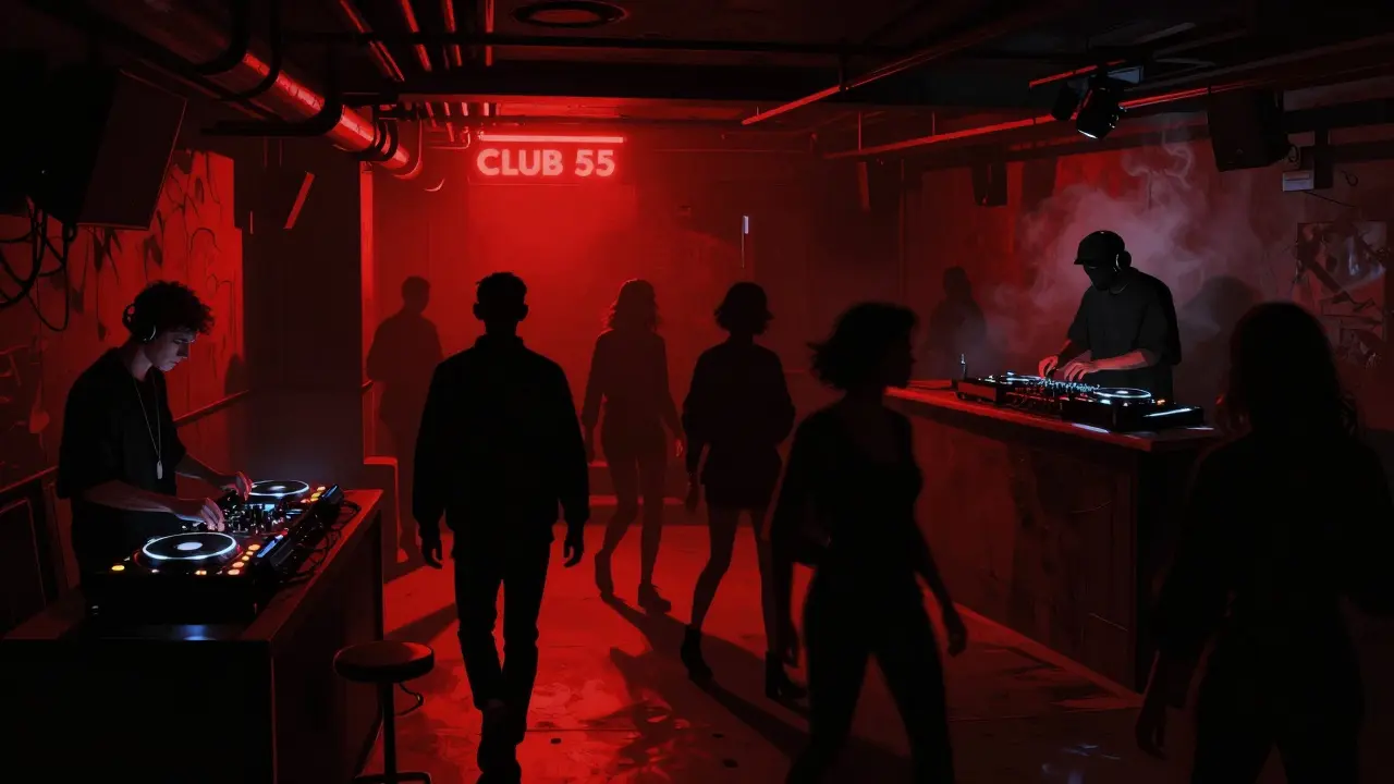 Underground techno club with red and black lighting, crowd in all-black attire, no visible exits.