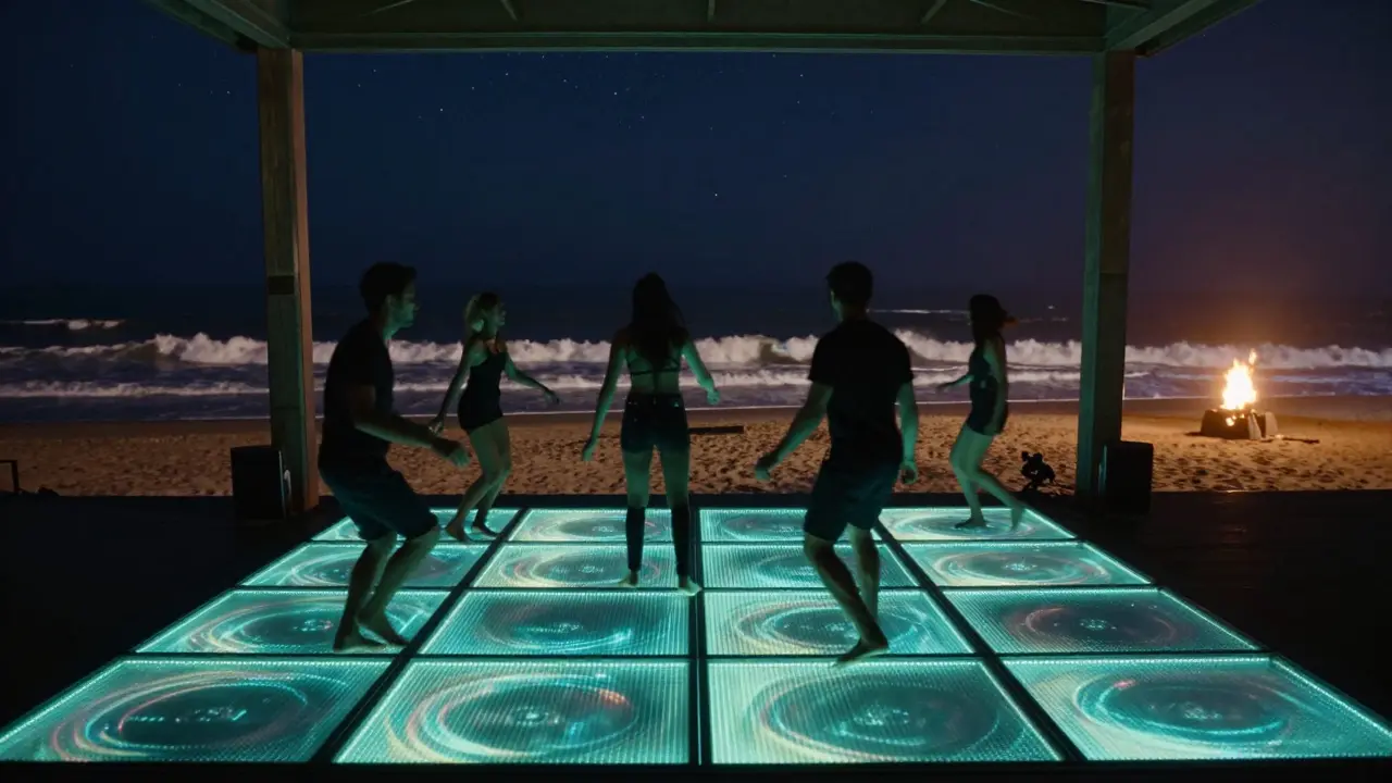 Zero Gravity beach club at night with glowing LED dance floor and waves crashing behind dancers under stars.
