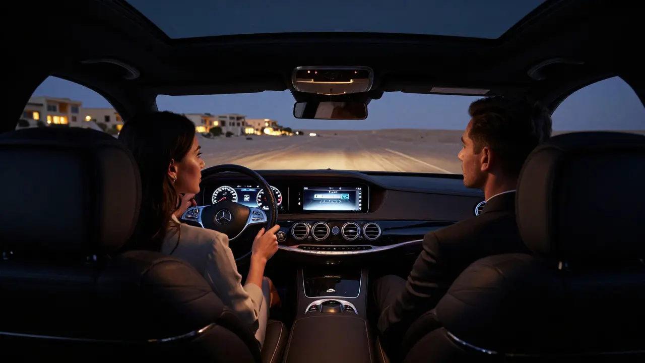 A black luxury car driving through exclusive Dubai villas at night, interior lit softly, occupants in silence under a starry desert sky.