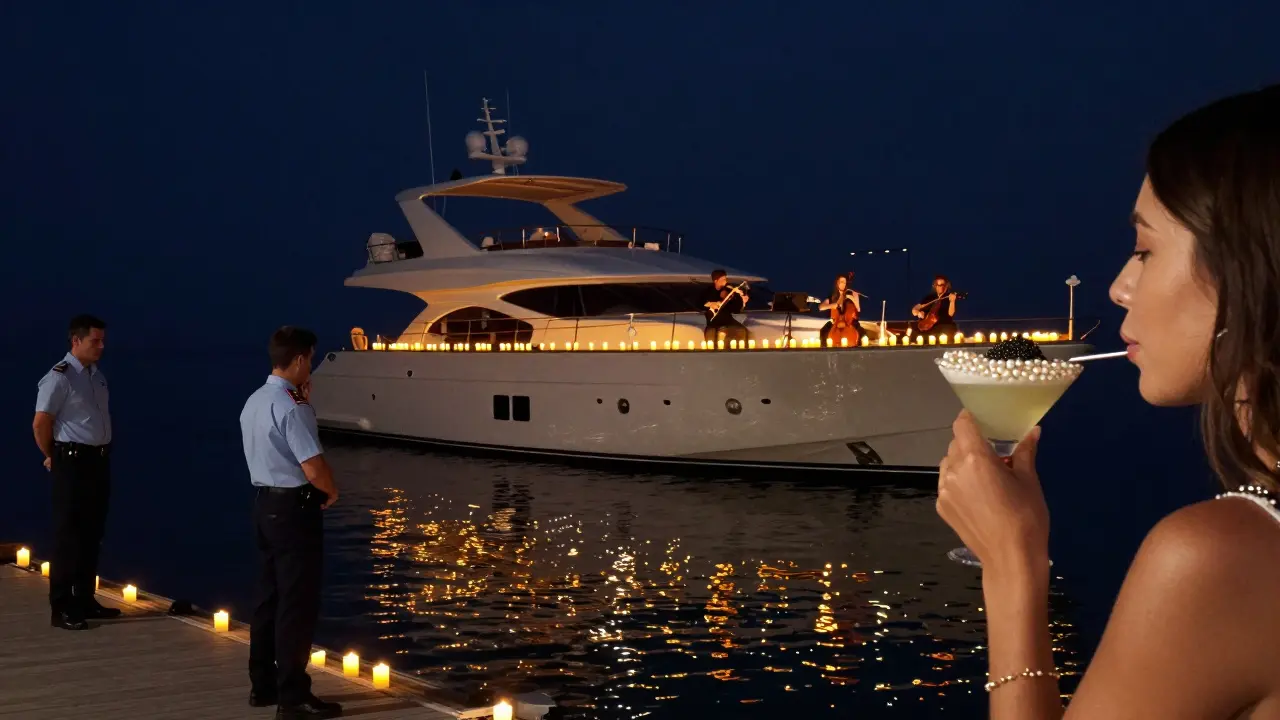 A candlelit yacht floating offshore with a string quartet playing as a guest drinks an edible pearl cocktail.