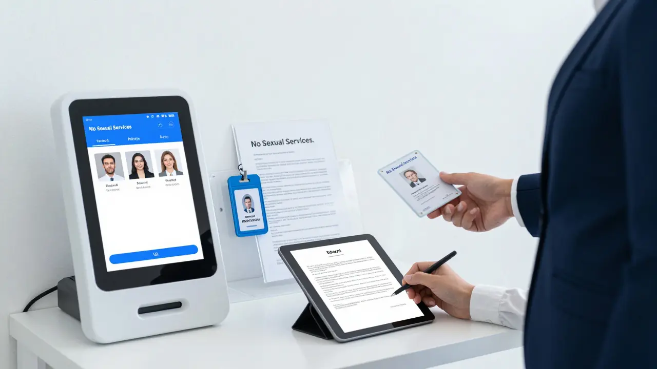 A client signing a contract at a professional escort agency in Abu Dhabi with clear policies displayed.