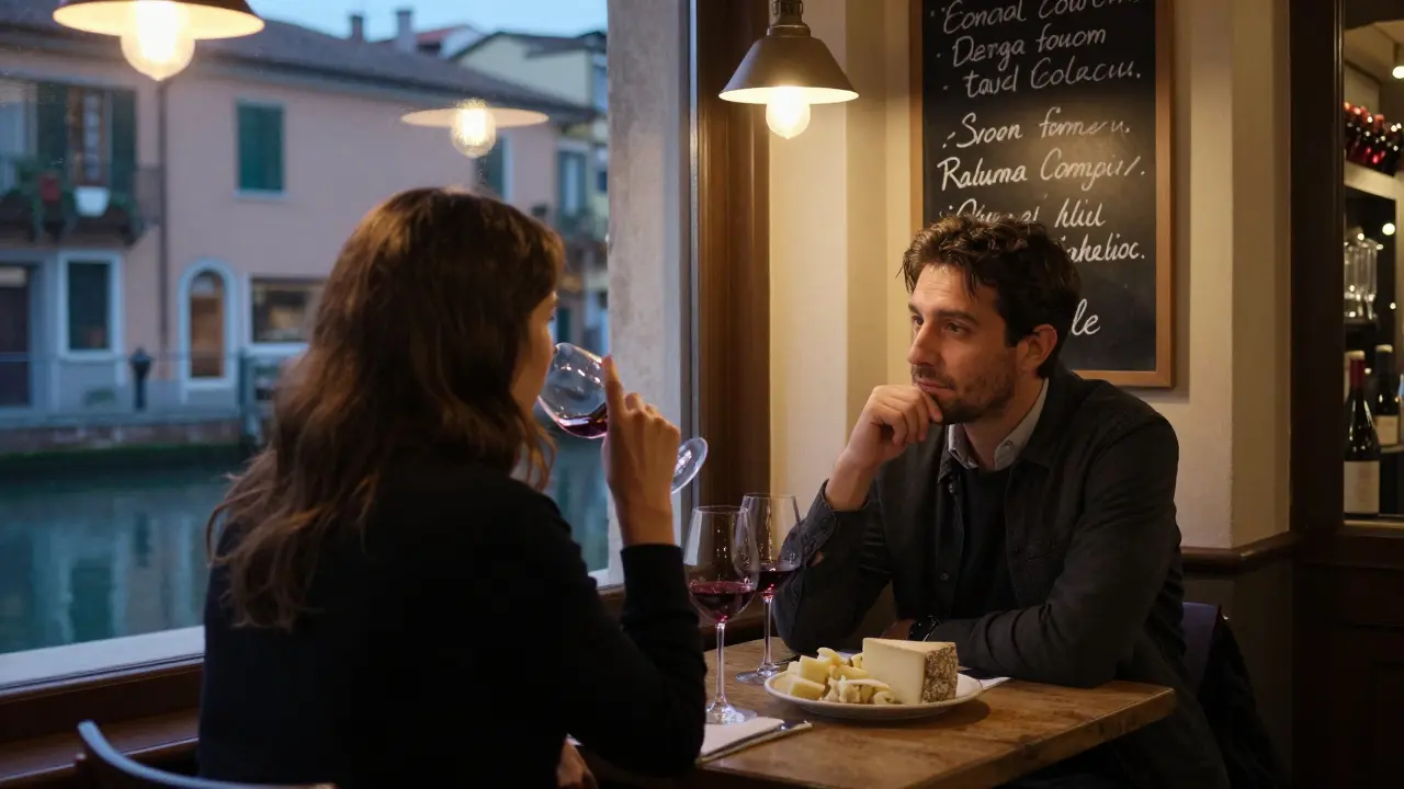 A couple sharing wine and silence in a Navigli wine bar at twilight, surrounded by soft lighting and canal views.