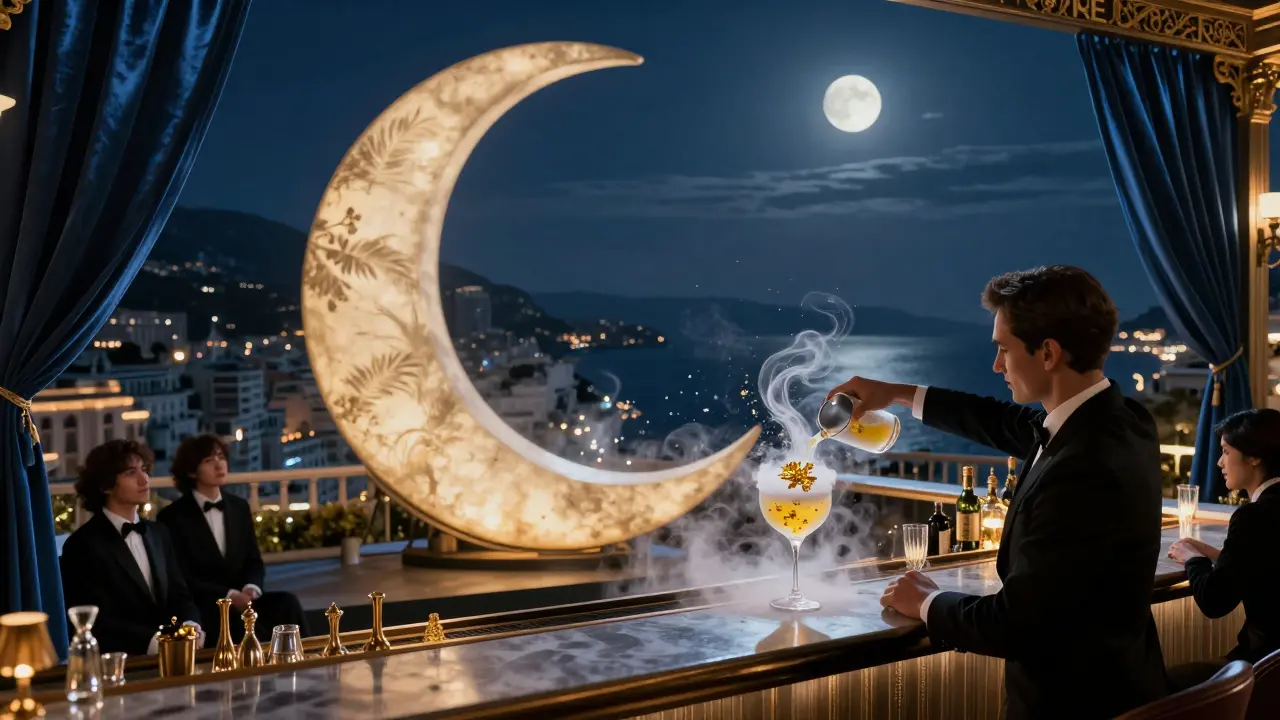 A crescent-moon-shaped rooftop bar serving a shimmering liquid nitrogen cocktail under moonlit skies.