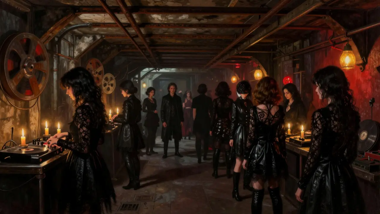 A crowd stands still in a cavernous underground club lit only by flickering candles, surrounded by rusted train tracks and analog tape machines.