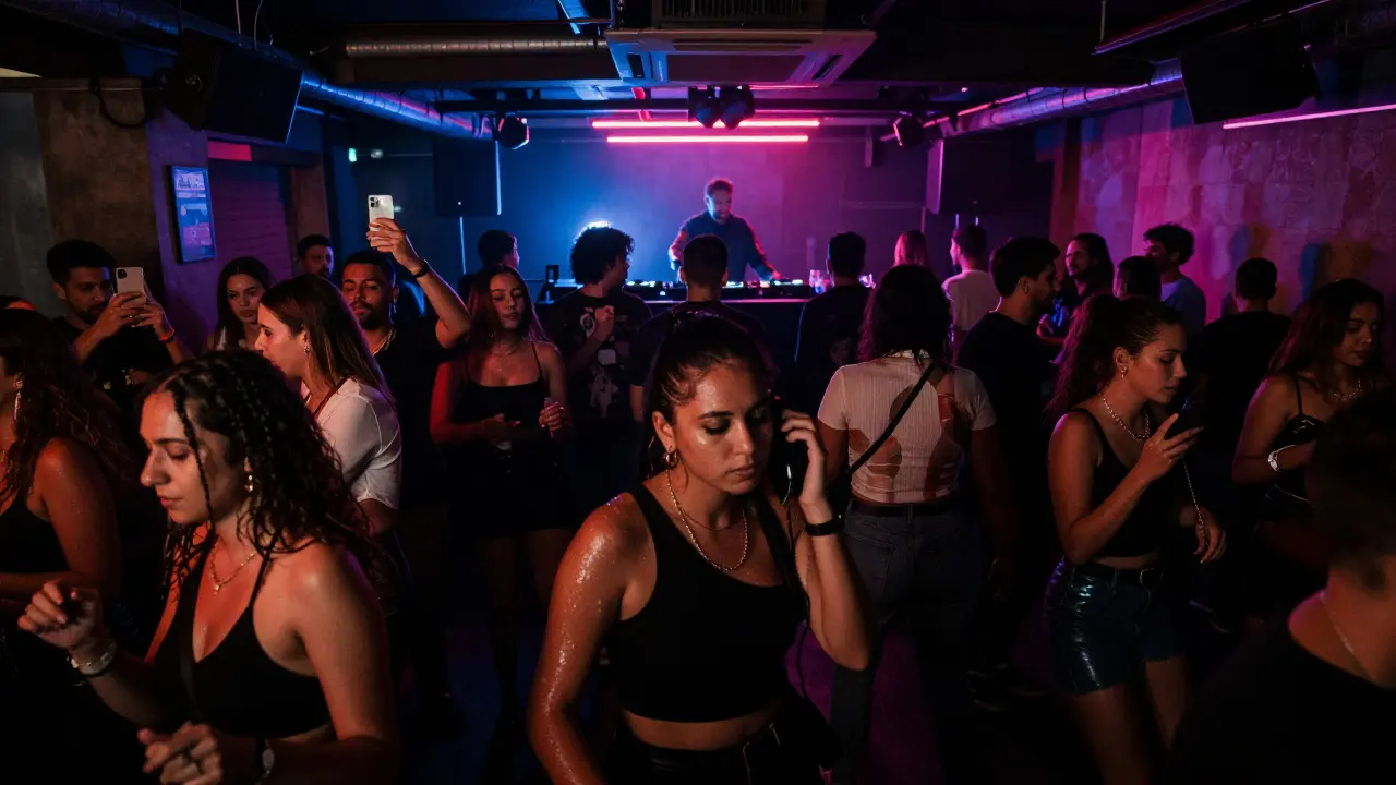 A crowded underground club with neon lights and people dancing passionately to deep house music.