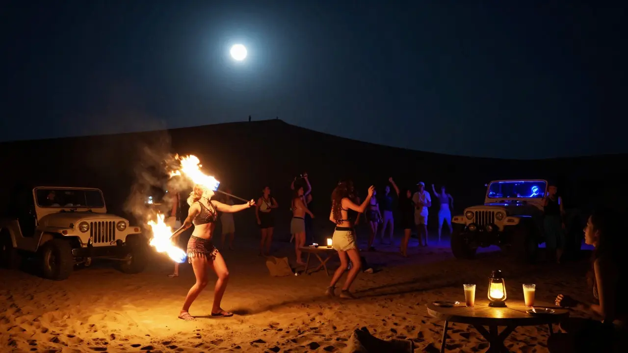 A fire dancer performs under a starry desert sky as revelers dance to thumping bass at a secluded rave.