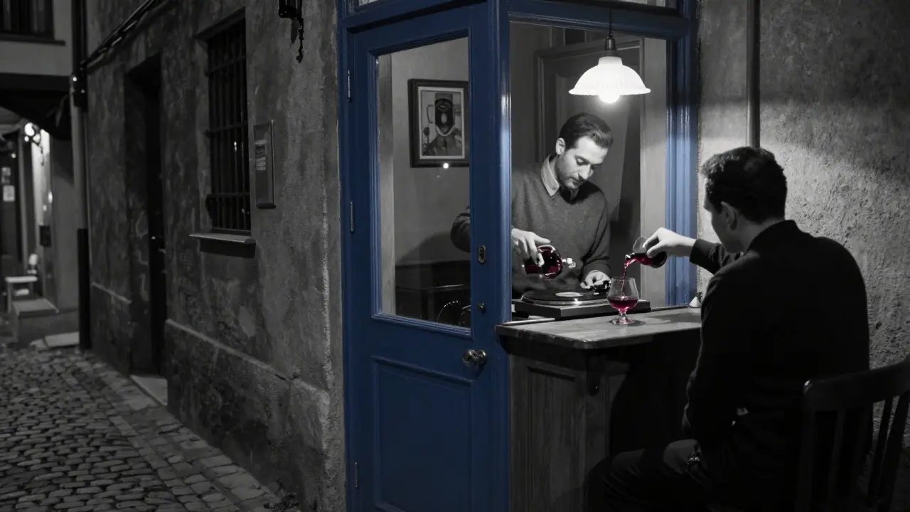 A hidden bar with a blue door in Fener, lit by a single lamp, serving homemade brandy to a lone customer.