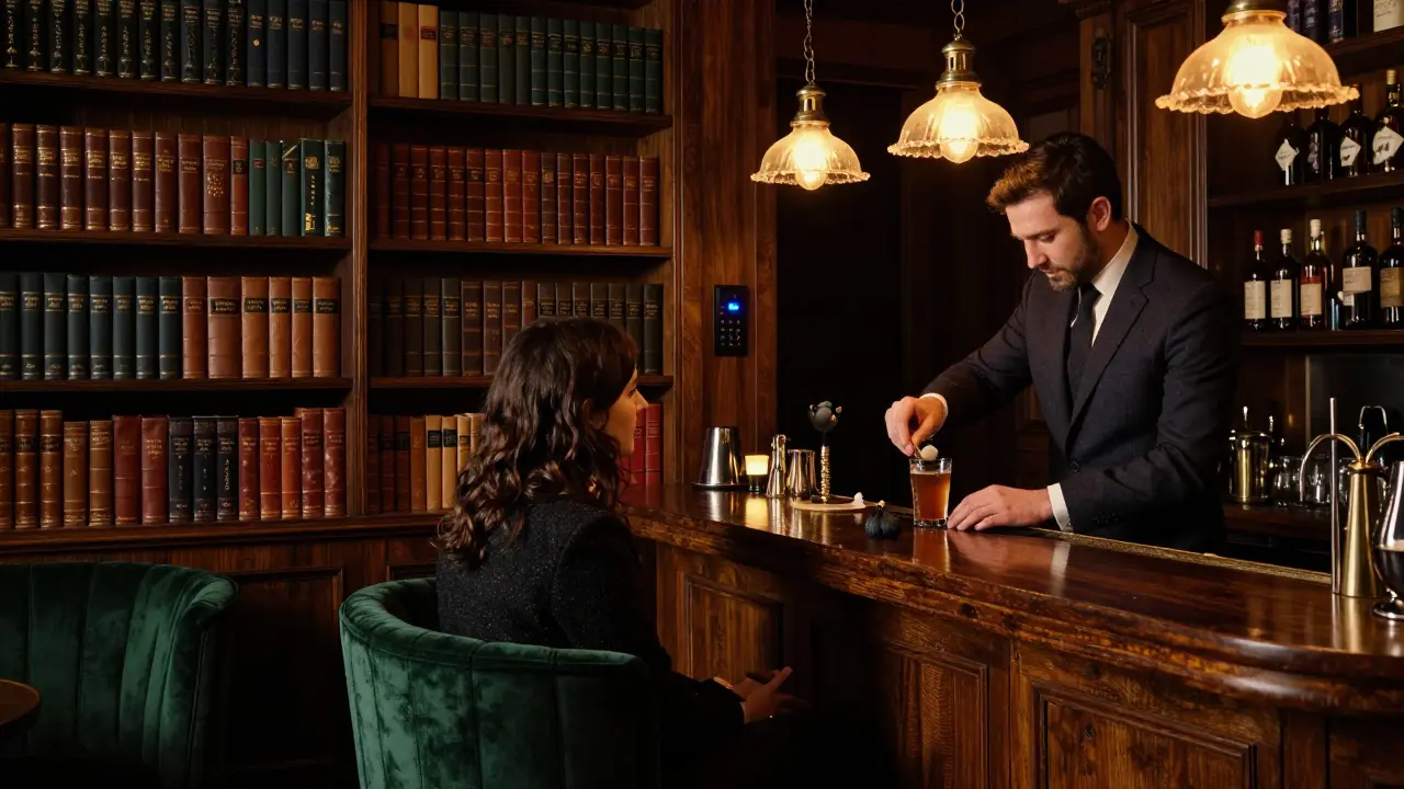 A hidden speakeasy behind a bookshelf, lit by vintage lamps, with a bartender crafting an unusual cocktail in a mysterious setting.