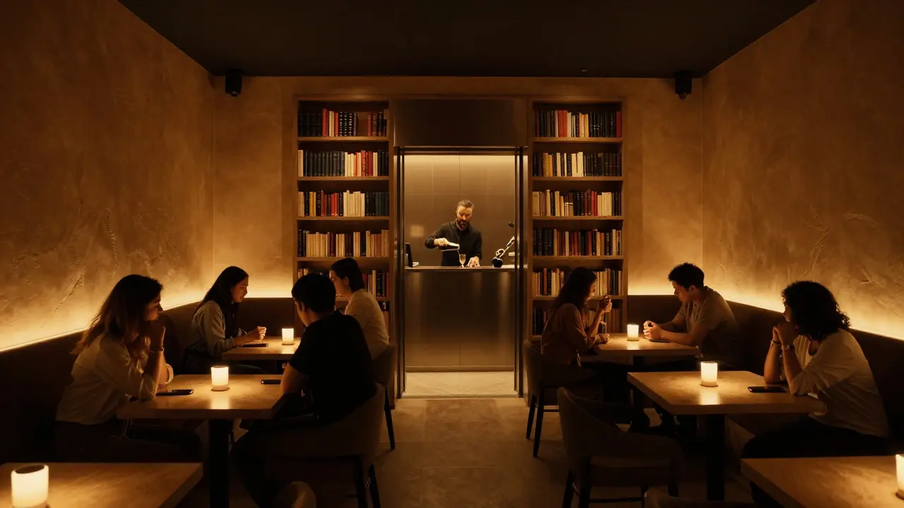 A hidden underground club accessed through a bookshelf, guests in dim amber light, no phones in sight.