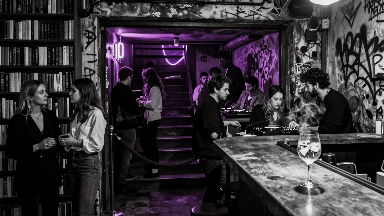 A hidden underground club in Milan accessed through a bookshop, with a velvet rope and pulsing neon lights.