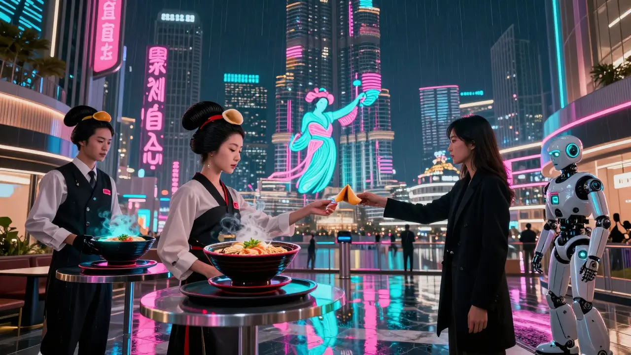 A holographic geisha dances above a neon-lit mall atrium as a robot offers a fortune cookie to a guest.