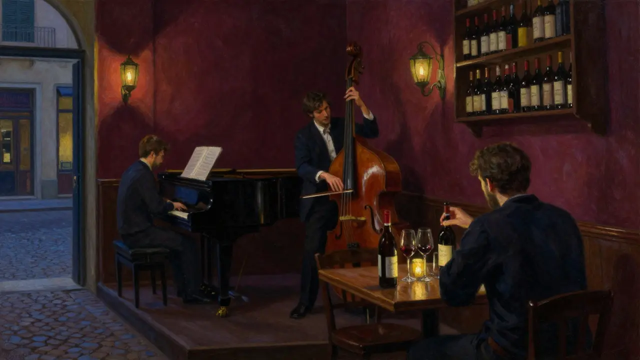 A jazz trio plays in a cozy Brera bar as two strangers share a bottle of Barolo by candlelight.