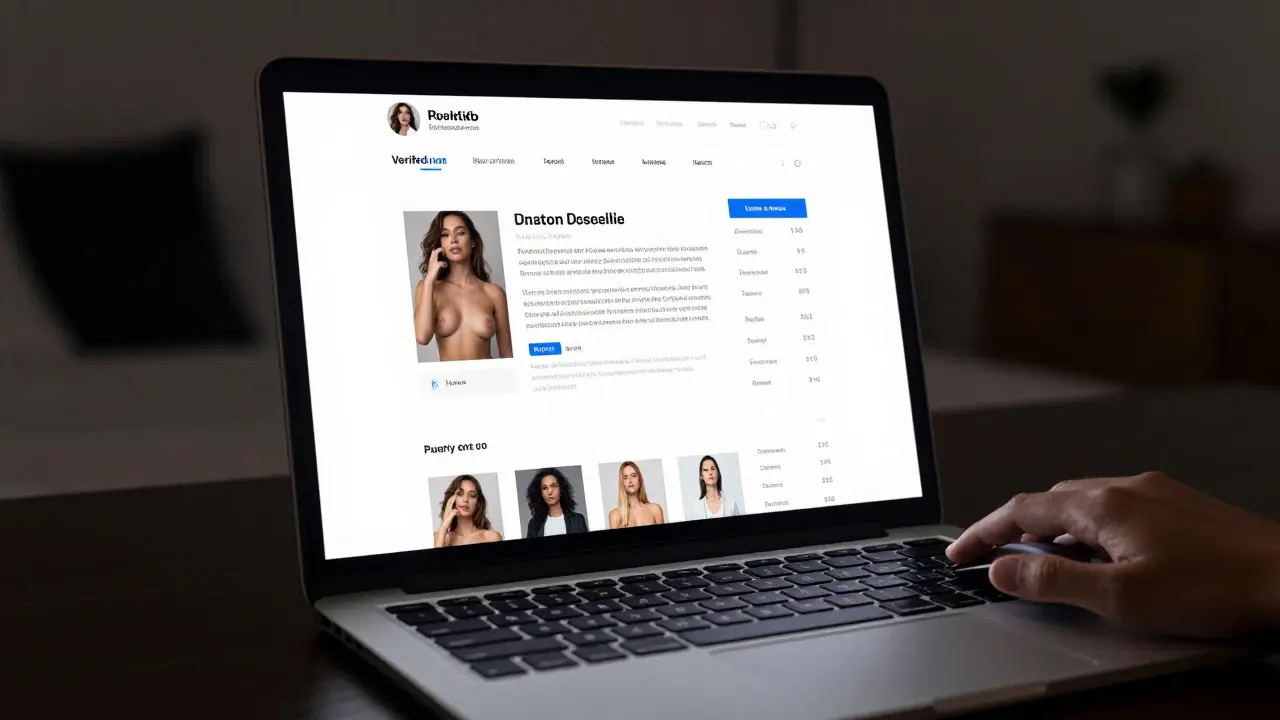 A laptop screen displaying verified escort profiles with service details and reviews.