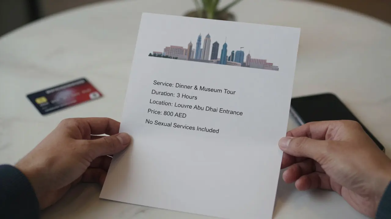 A legal companionship contract with clear terms and traceable payment method shown.