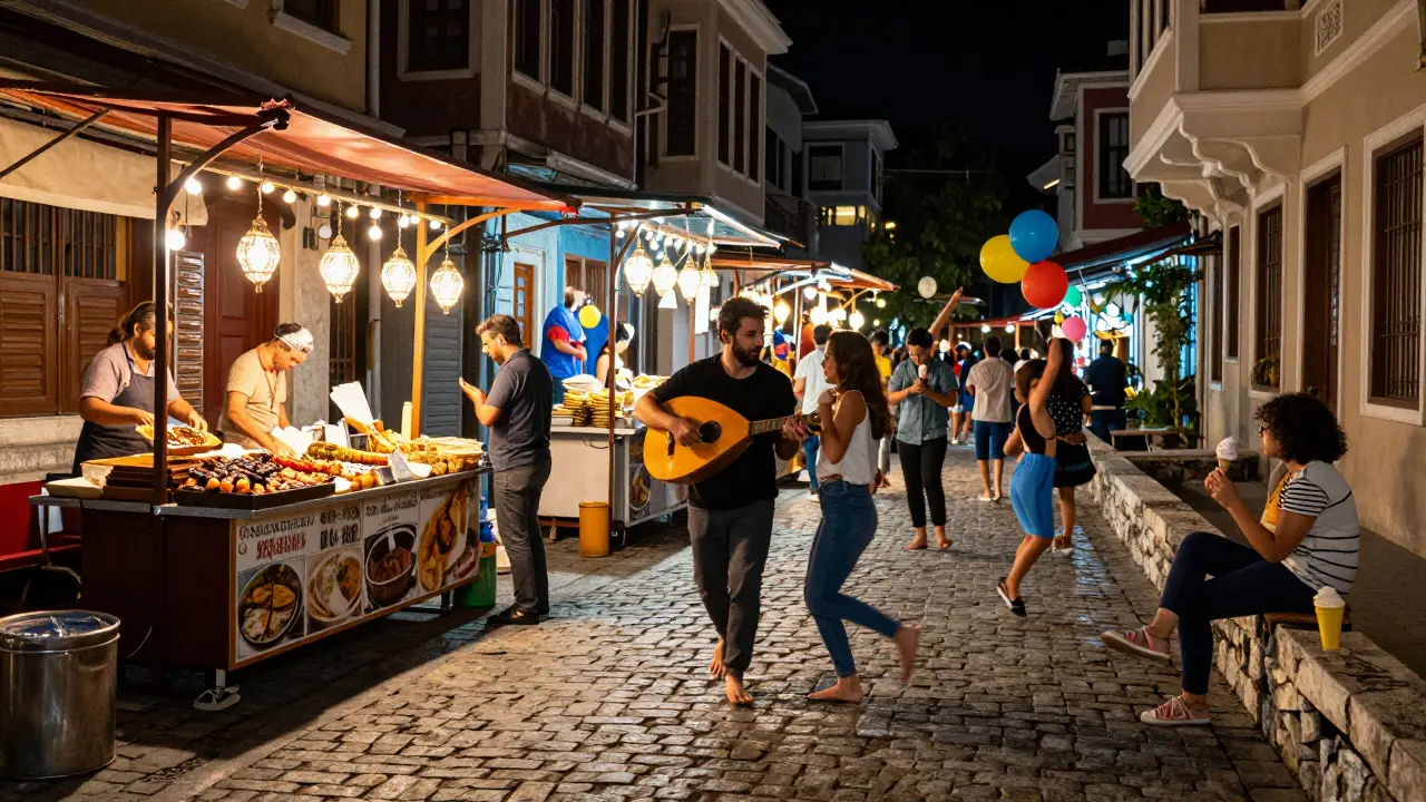 A lively night market in Kadıköy with food stalls, dancing locals, and street music under string lights.