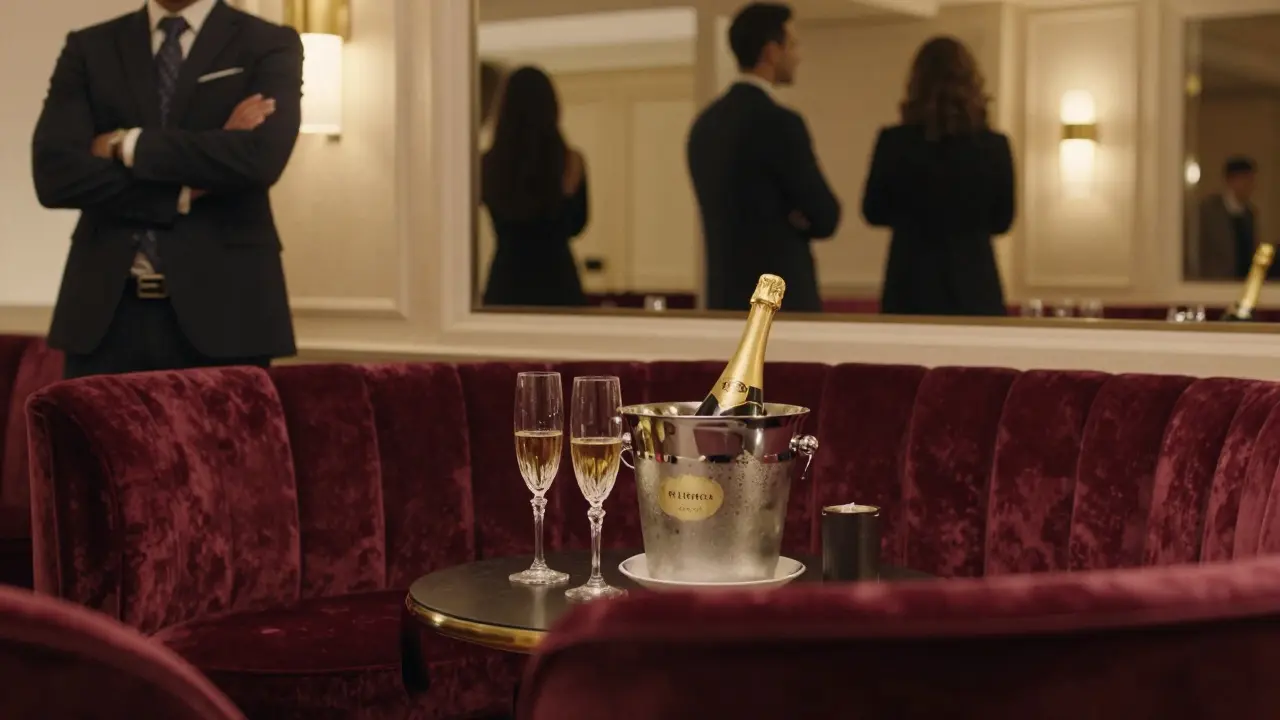 A luxury champagne lounge with a vintage bottle and crystal flutes, a bouncer standing guard in the background.