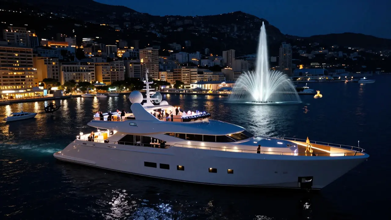 A luxury superyacht at night with rooftop DJ booth and guests arriving by helicopter over Monaco harbor.