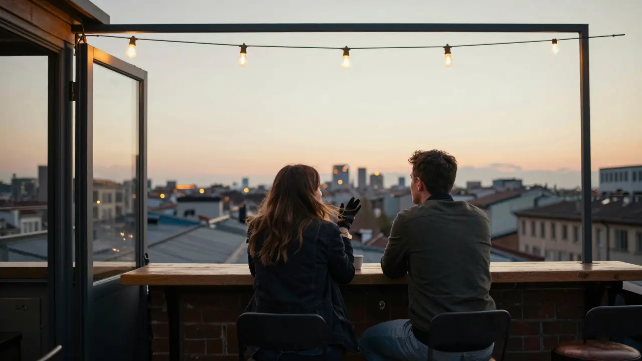 A man and woman sitting side by side in quiet contemplation on a hidden Milan rooftop at sunset.
