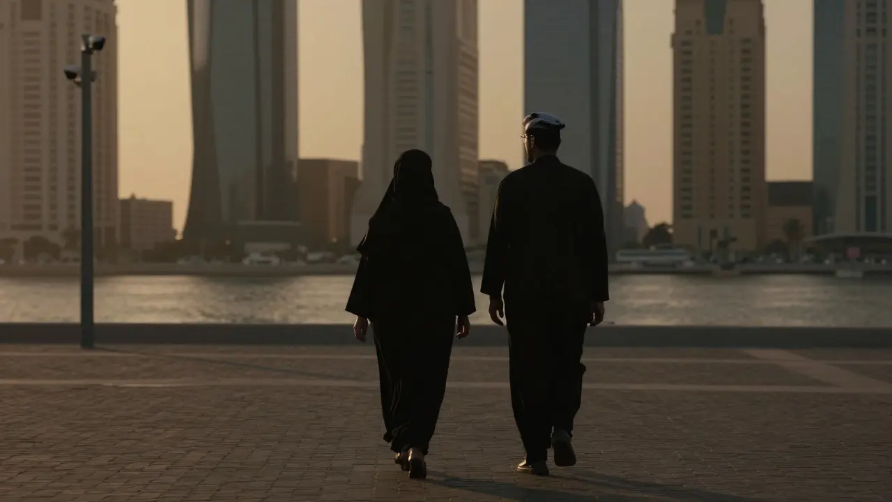 A man and woman walk side by side along Abu Dhabi's Corniche at sunset, dressed modestly, surrounded by city skyline.