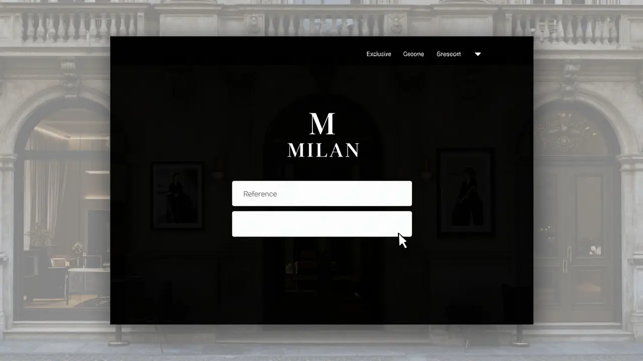 A minimalist digital interface with only a logo and a single contact field, symbolizing exclusive escort services in Milan.