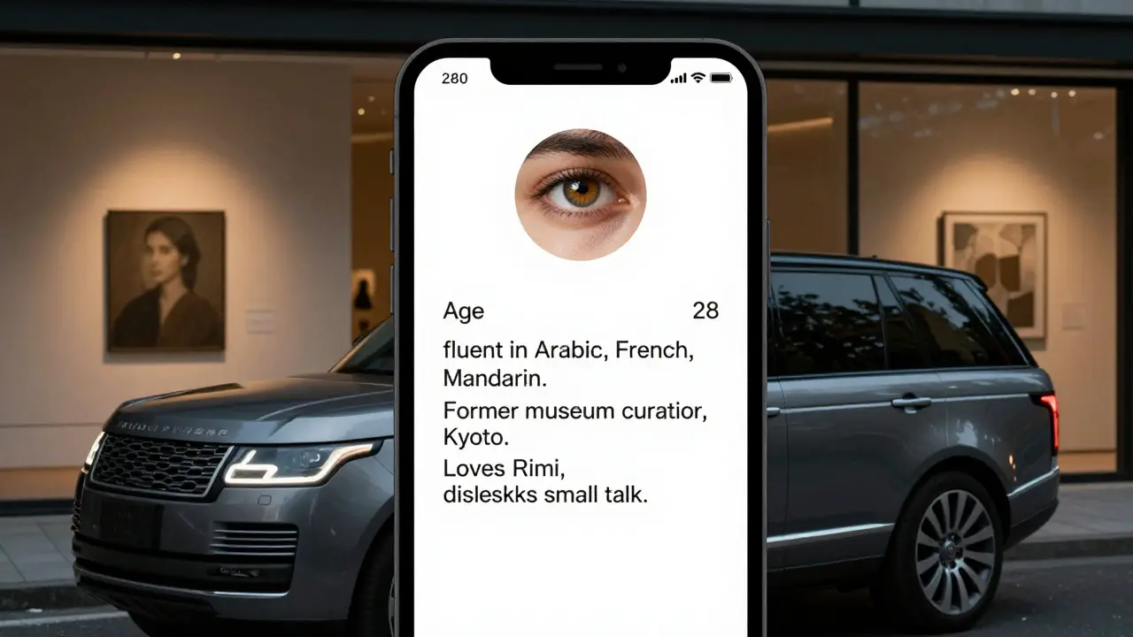 A minimalist text profile reflected in a woman's eye as she stands beside a luxury car outside an art gallery, no faces visible.